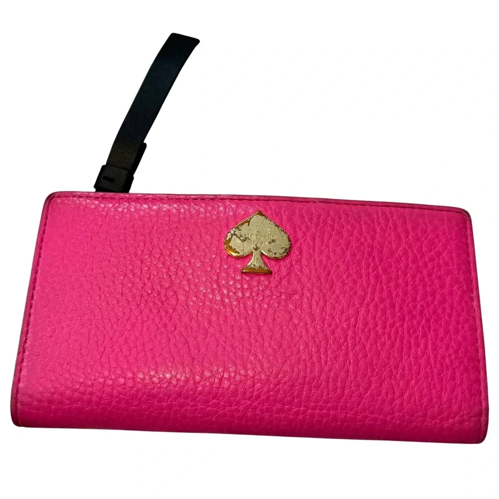 Kate Spade Pink Pebbled Leather Bifold Slim Wallet with ID Window Pink